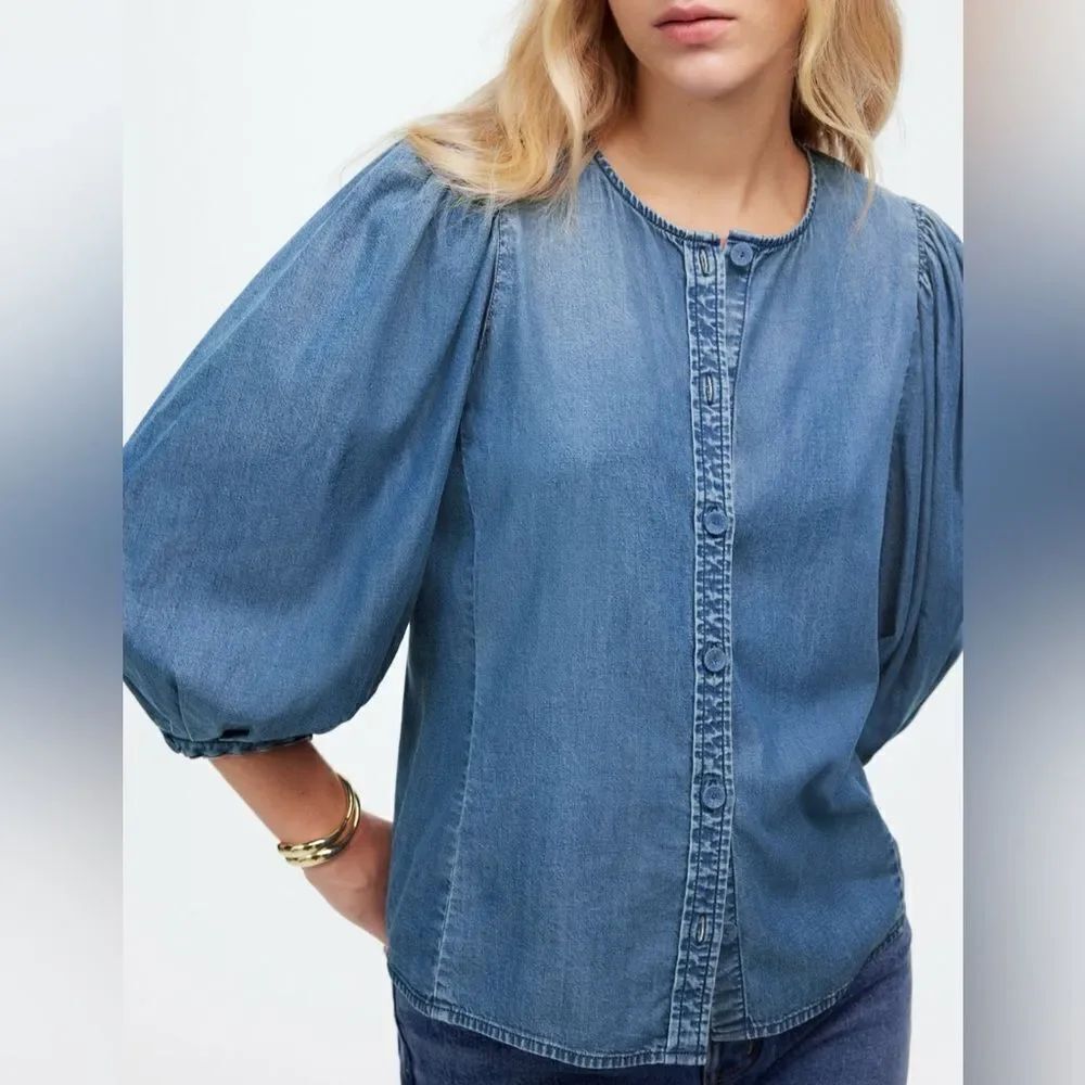 NWT Madewell Denim Puff-Sleeve Button-Up Top Size 12